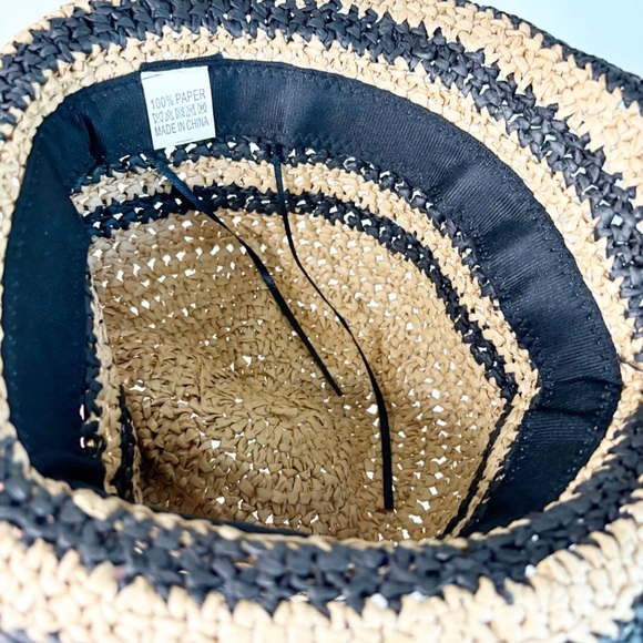 Women's Summer Hat Striped Beige/Black Straw Size M - Picture 3 of 4